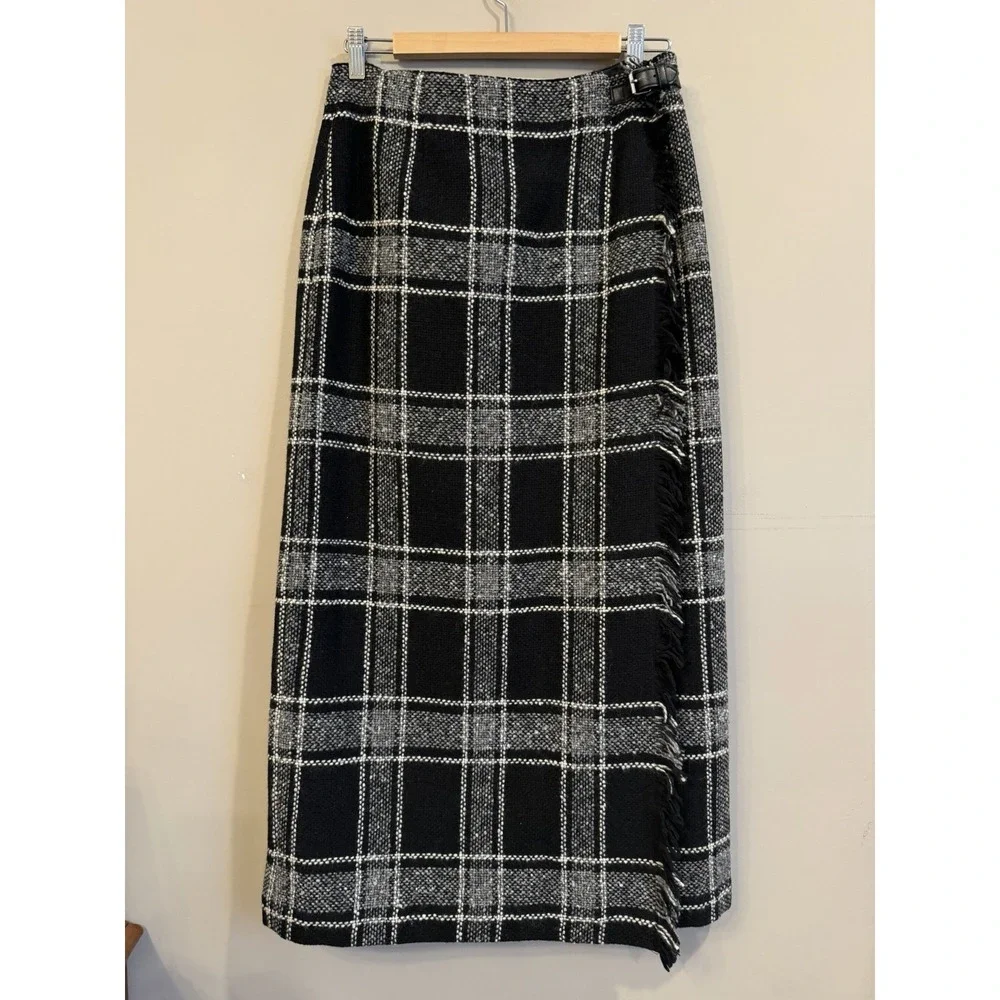 TALBOTS Wool Blend Long Wrap Maxi Skirt Gray Black White Plaid Italian Size 10